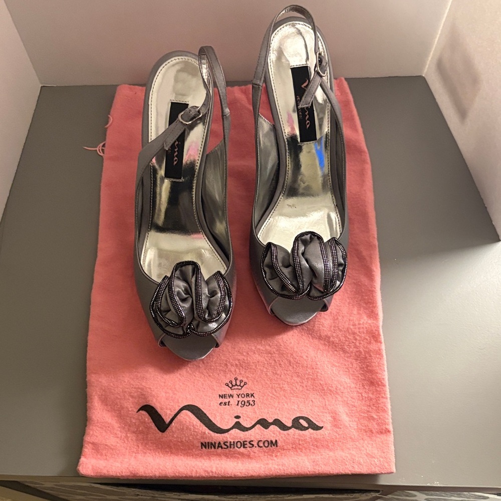 Nina Metallic Gray Peep-Toe Heels